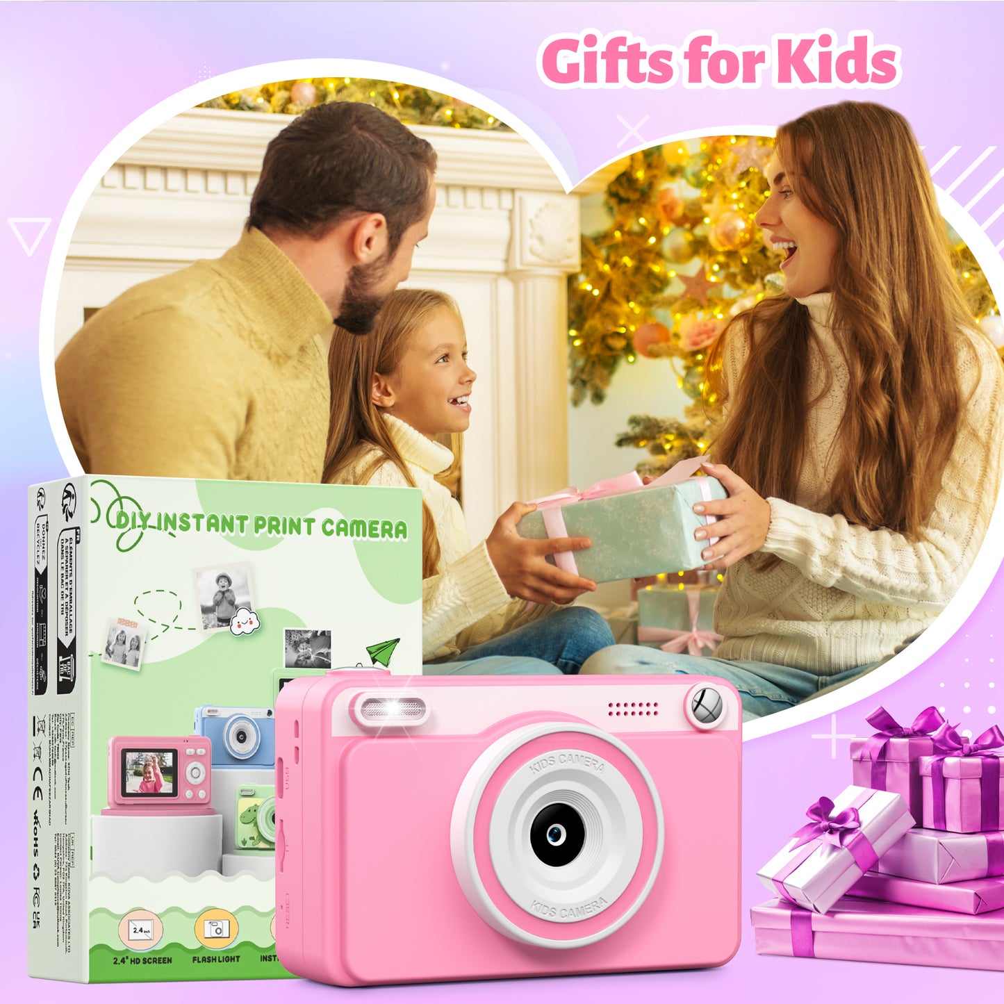 Gofunly Pink Kids Instant Print Camera,Digital Toy Cameras for Boys & Girls Age 3-12 Birthday Learning Gifts with 5Rolls Print Papers