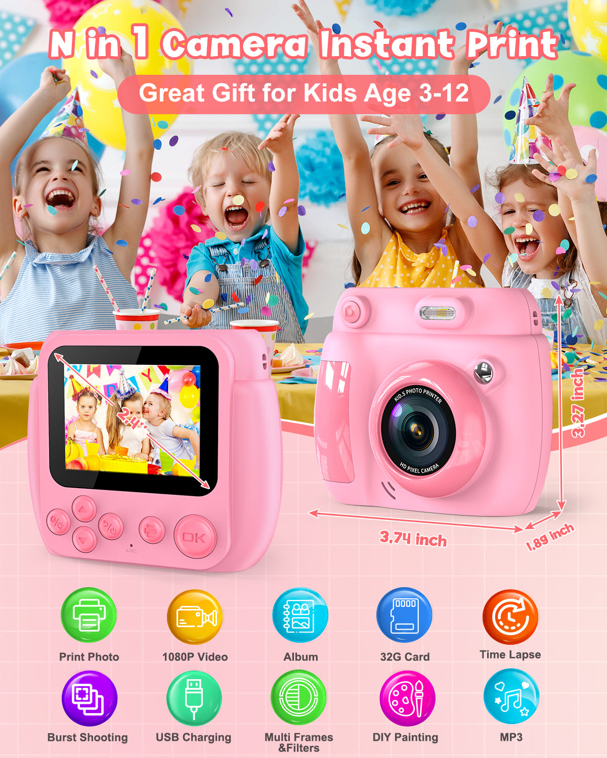 Gofunly Appareil Photo Instantané Enfant 2,4 Pouces - Caméra Vidéo Numérique 1080P