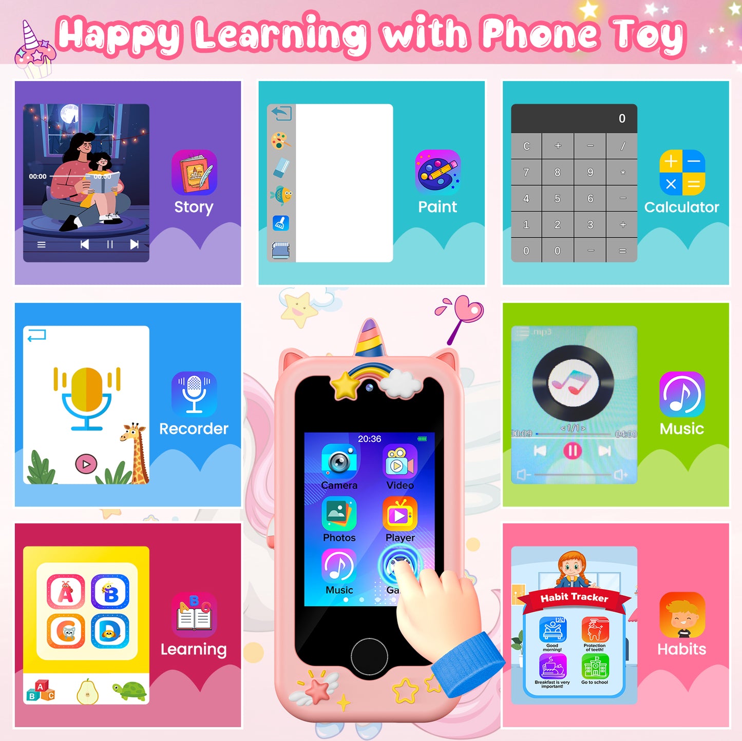 Gofunly 2.8" Kids Phone, Touchscreen Toddler Phone with Dual Camera, Game, Music Player, Christmas Birthday Unicorns Gifts, Electronic Learning Toy for Girls 3-11 - Pink