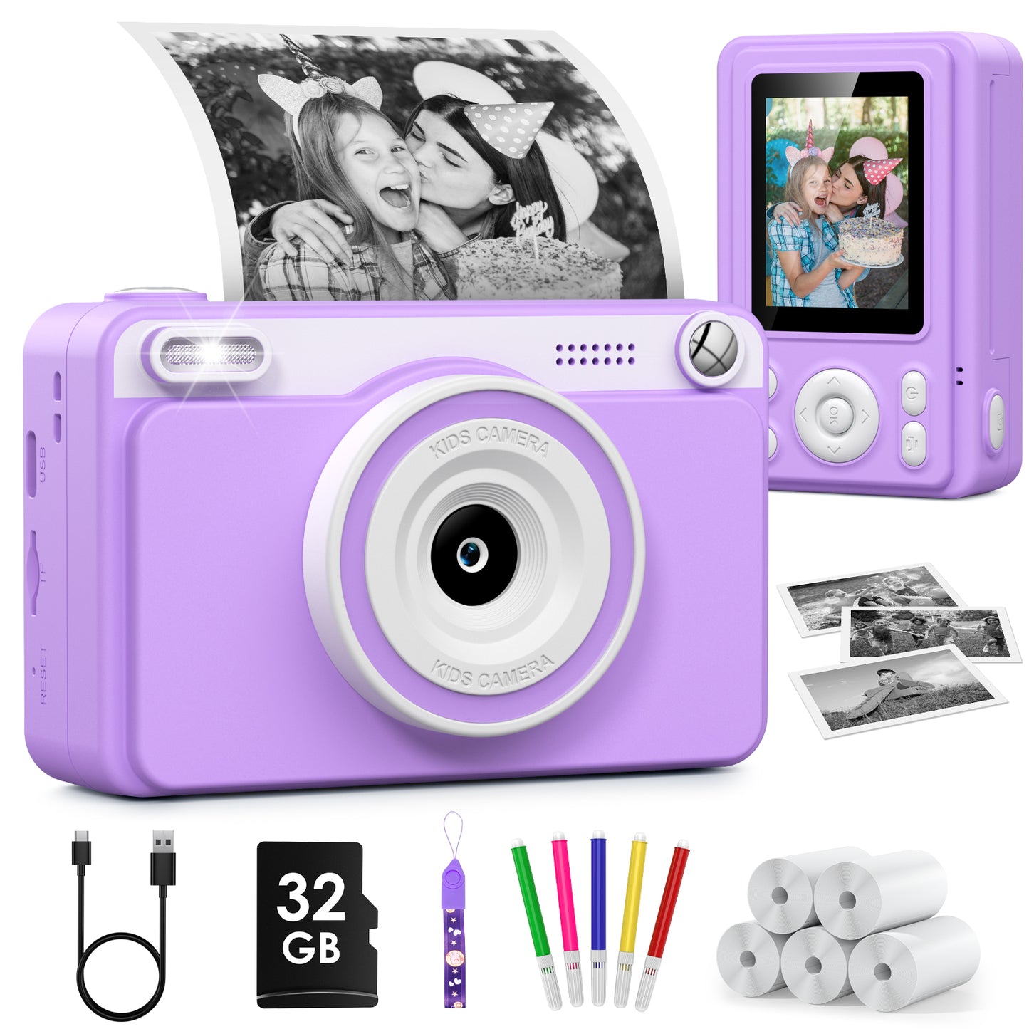 Gofunly Purple Kids Instant Print Camera,1080P Video Digital Toy Cameras for Boys & Girls Age 3-12 Birthday Learning Gifts with 5Rolls Print Papers ,32GB Card