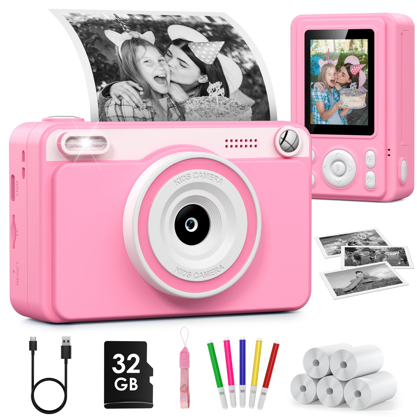 Gofunly Pink Kids Instant Print Camera,Digital Toy Cameras for Boys & Girls Age 3-12 Birthday Learning Gifts with 5Rolls Print Papers