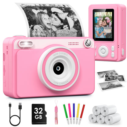 Gofunly Pink Kids Instant Print Camera,Digital Toy Cameras for Boys & Girls Age 3-12 Birthday Learning Gifts with 5Rolls Print Papers
