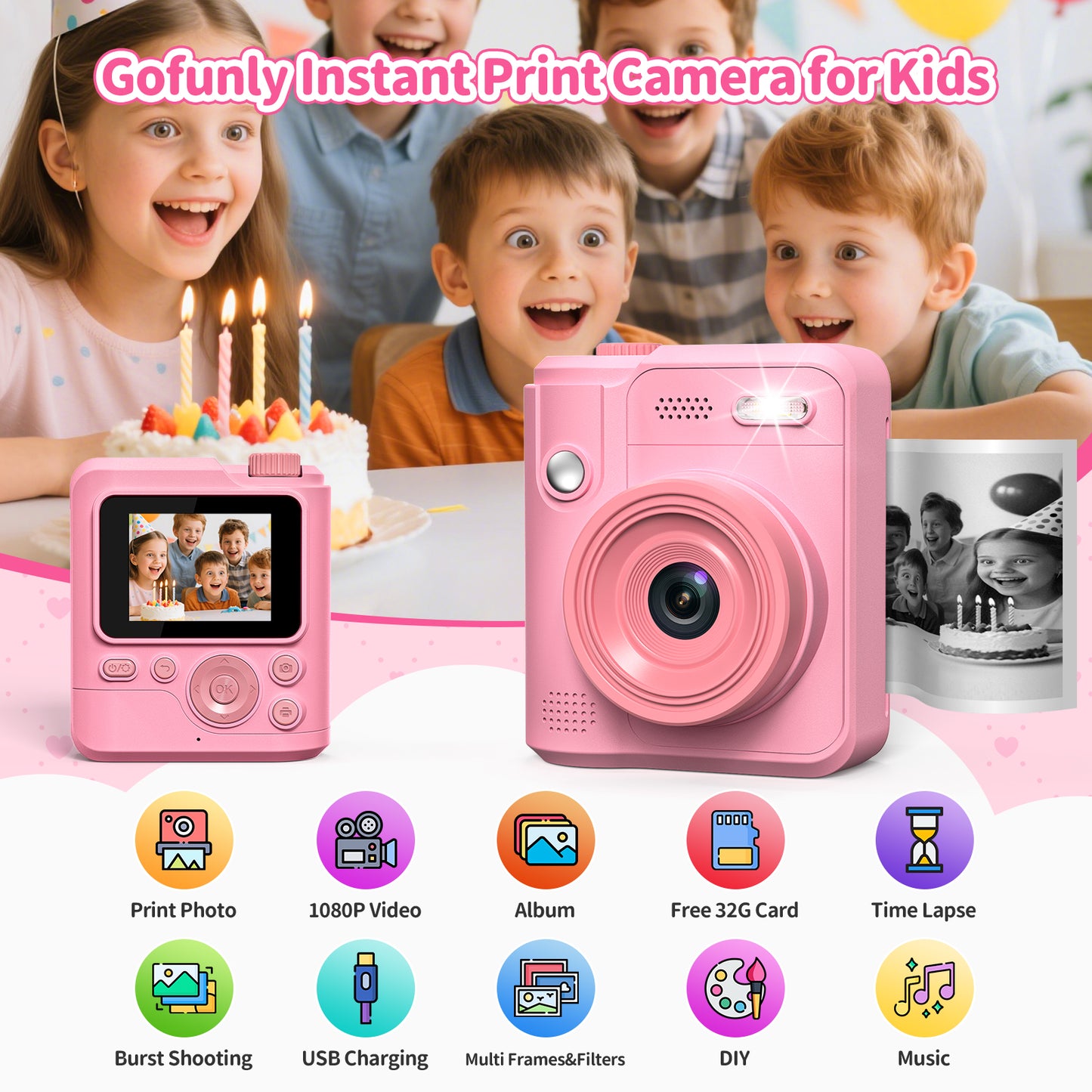 Gofunly Kids Camera Instant Print, 1080P Digital Camera for Kids 3-12