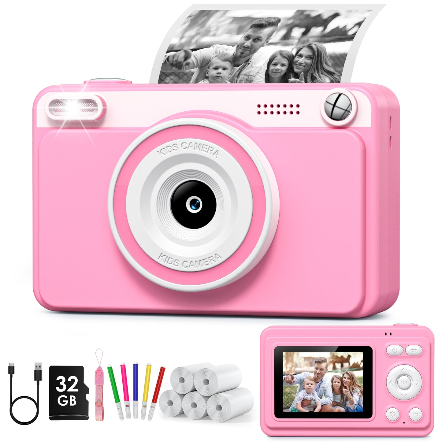 Gofunly Pink Kids Instant Print Camera,Digital Toy Cameras for Boys & Girls Age 3-12 Birthday Learning Gifts with 5Rolls Print Papers