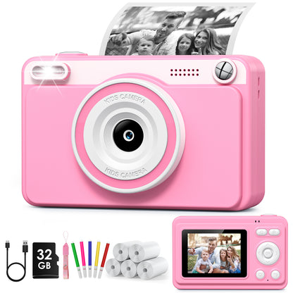 Gofunly Pink Kids Instant Print Camera,Digital Toy Cameras for Boys & Girls Age 3-12 Birthday Learning Gifts with 5Rolls Print Papers