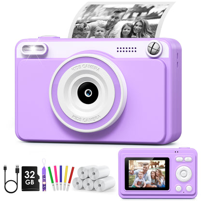 Gofunly Purple Kids Instant Print Camera,1080P Video Digital Toy Cameras for Boys & Girls Age 3-12 Birthday Learning Gifts with 5Rolls Print Papers ,32GB Card