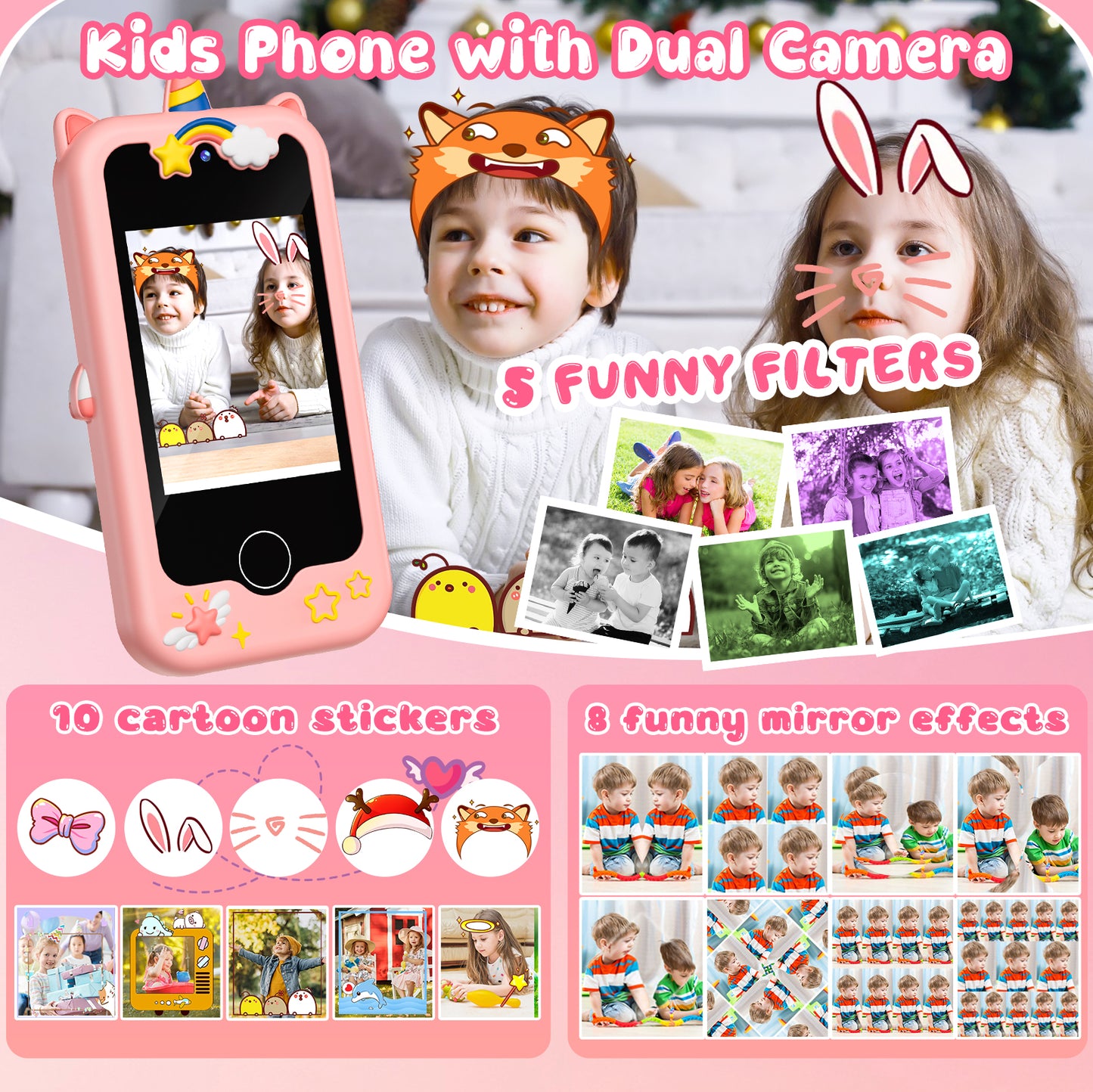 Gofunly 2.8" Kids Phone, Touchscreen Toddler Phone with Dual Camera, Game, Music Player, Christmas Birthday Unicorns Gifts, Electronic Learning Toy for Girls 3-11 - Pink