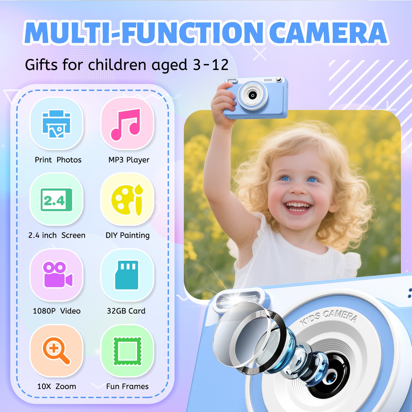 Gofunly Kids Instant Print Camera,Digital Toy Cameras for Boys & Girls Age 3-12 Birthday Learning Gifts Blue with 5Rolls Print Papers Blue