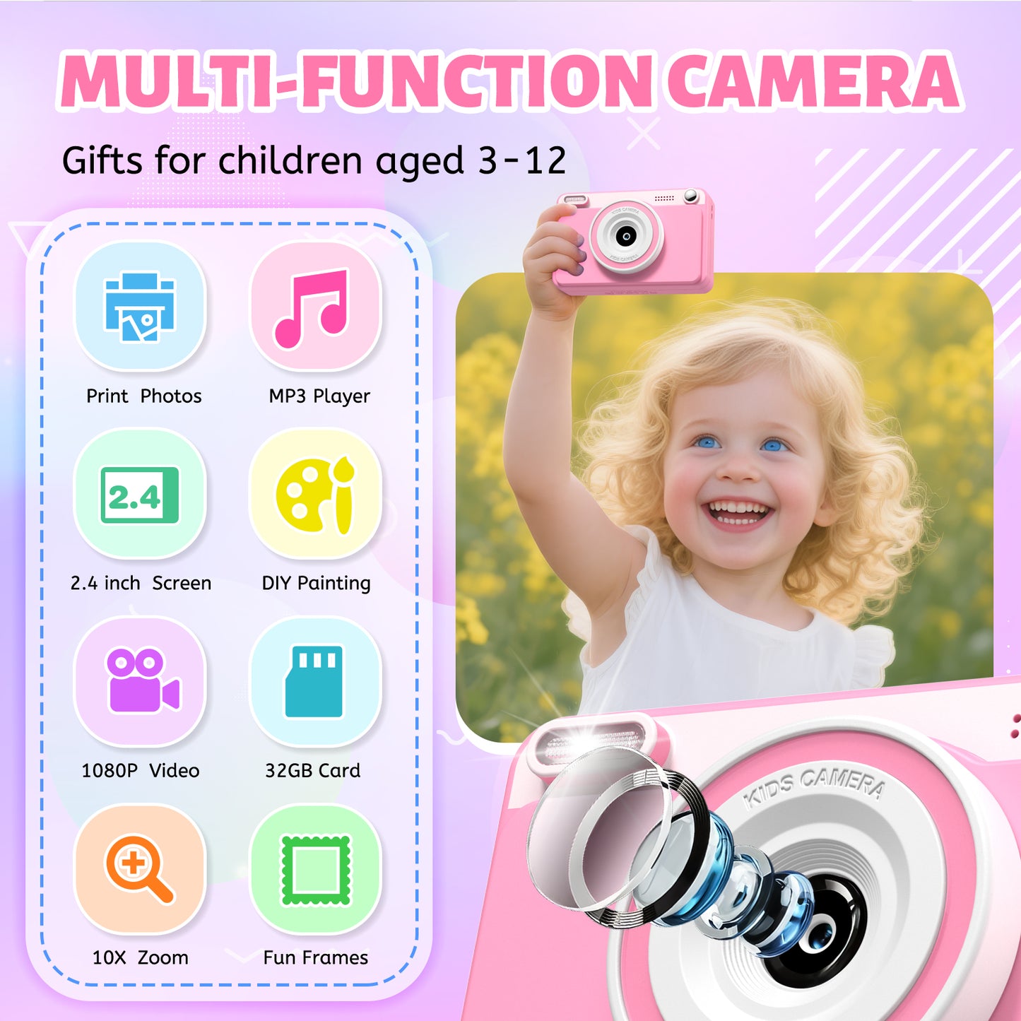 Gofunly Pink Kids Instant Print Camera,Digital Toy Cameras for Boys & Girls Age 3-12 Birthday Learning Gifts with 5Rolls Print Papers