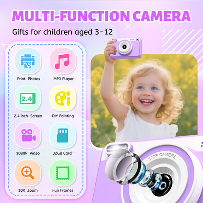 Gofunly Purple Kids Instant Print Camera,1080P Video Digital Toy Cameras for Boys & Girls Age 3-12 Birthday Learning Gifts with 5Rolls Print Papers ,32GB Card