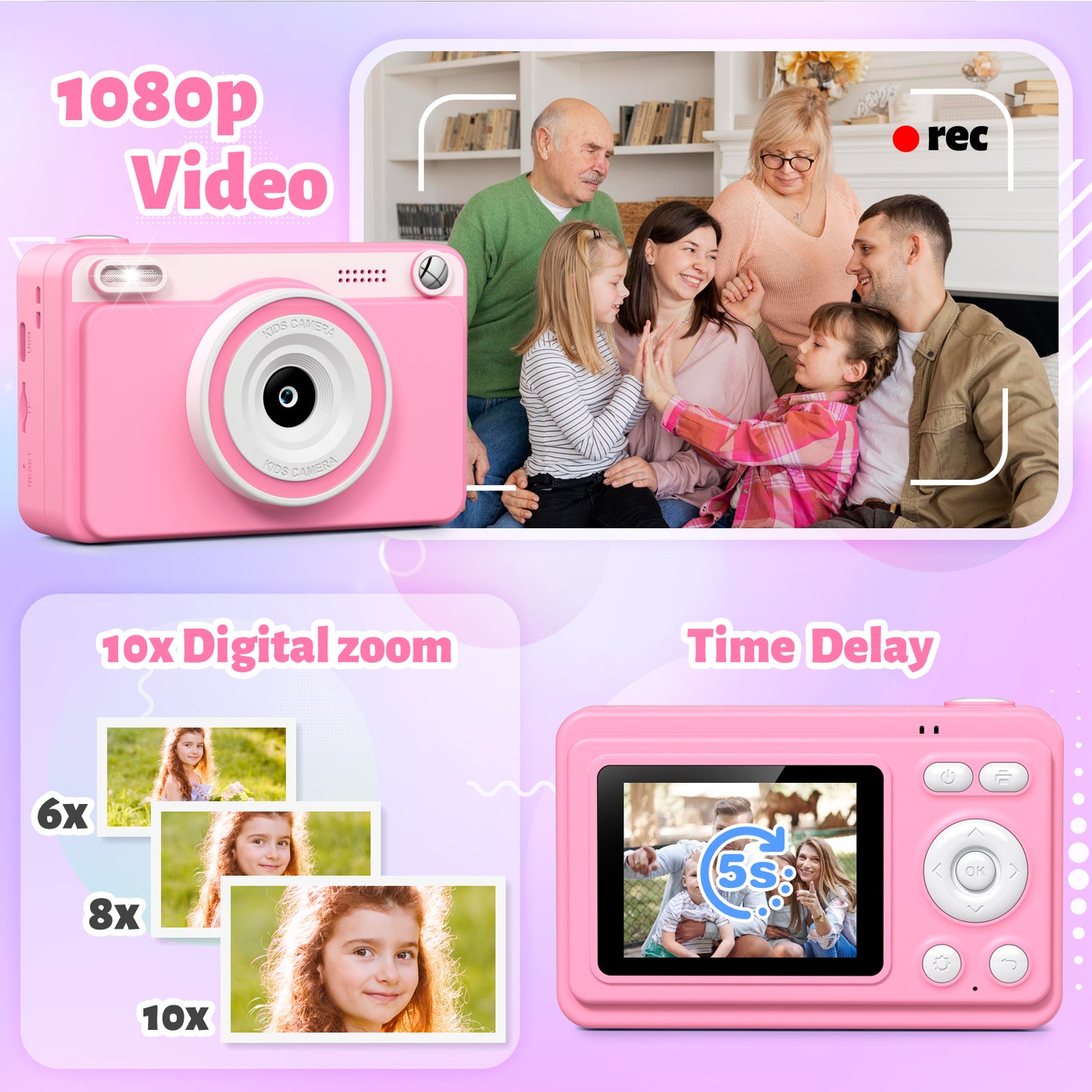 Gofunly Pink Kids Instant Print Camera,Digital Toy Cameras for Boys & Girls Age 3-12 Birthday Learning Gifts with 5Rolls Print Papers