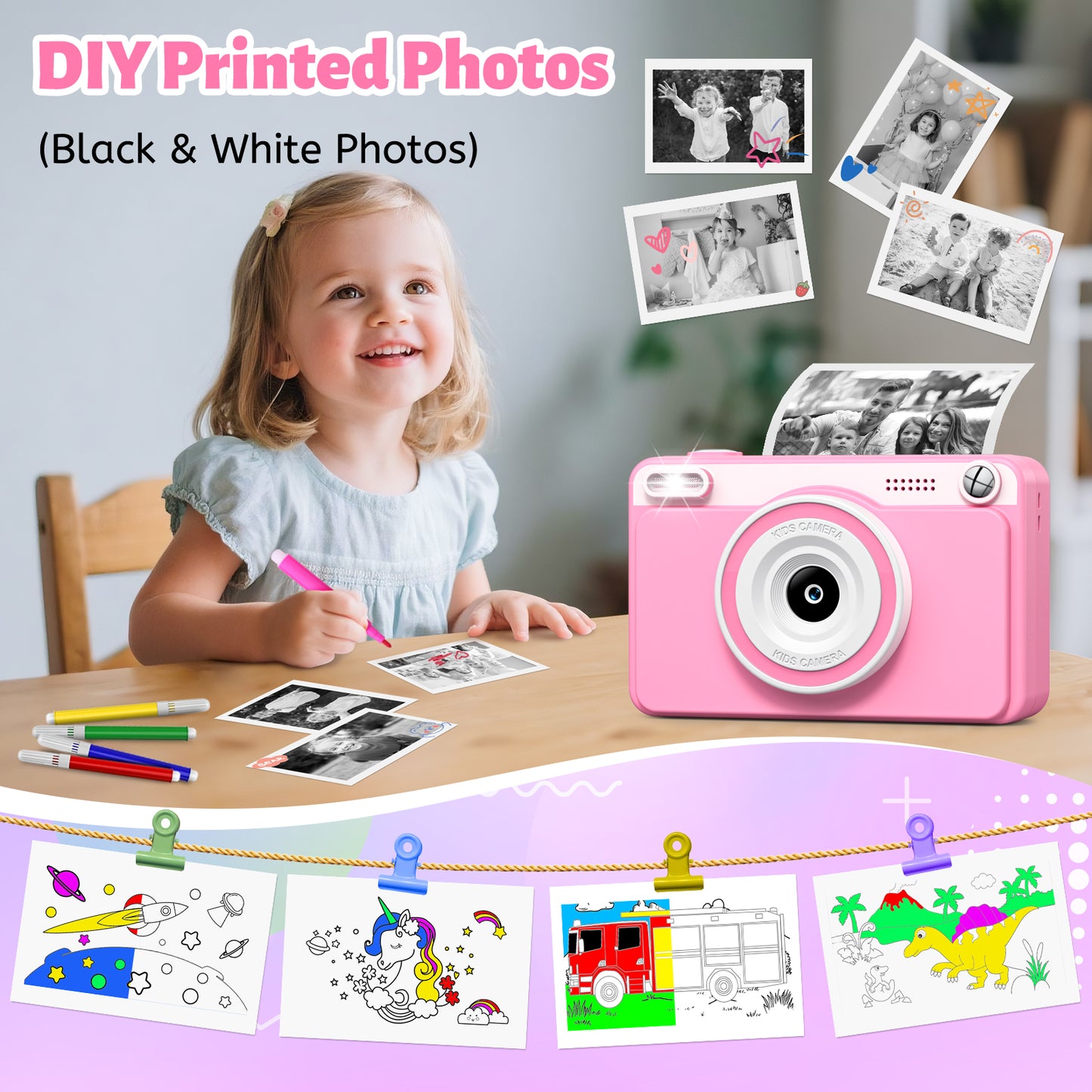Gofunly Pink Kids Instant Print Camera,Digital Toy Cameras for Boys & Girls Age 3-12 Birthday Learning Gifts with 5Rolls Print Papers