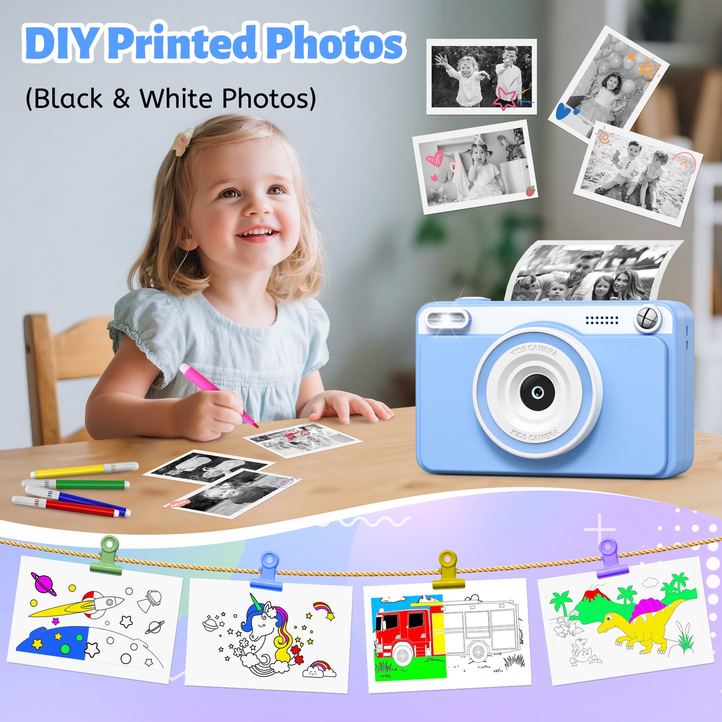 Gofunly Kids Instant Print Camera,Digital Toy Cameras for Boys & Girls Age 3-12 Birthday Learning Gifts Blue with 5Rolls Print Papers Blue