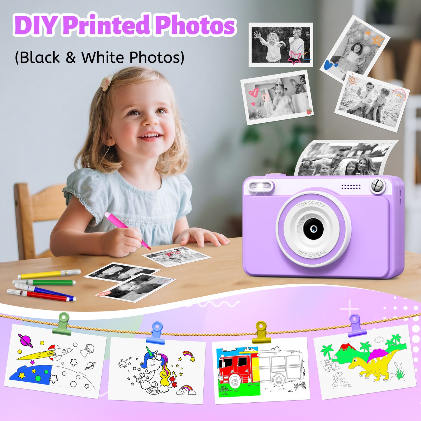 Gofunly Purple Kids Instant Print Camera,1080P Video Digital Toy Cameras for Boys & Girls Age 3-12 Birthday Learning Gifts with 5Rolls Print Papers ,32GB Card
