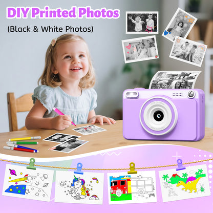 Gofunly Purple Kids Instant Print Camera,1080P Video Digital Toy Cameras for Boys & Girls Age 3-12 Birthday Learning Gifts with 5Rolls Print Papers ,32GB Card