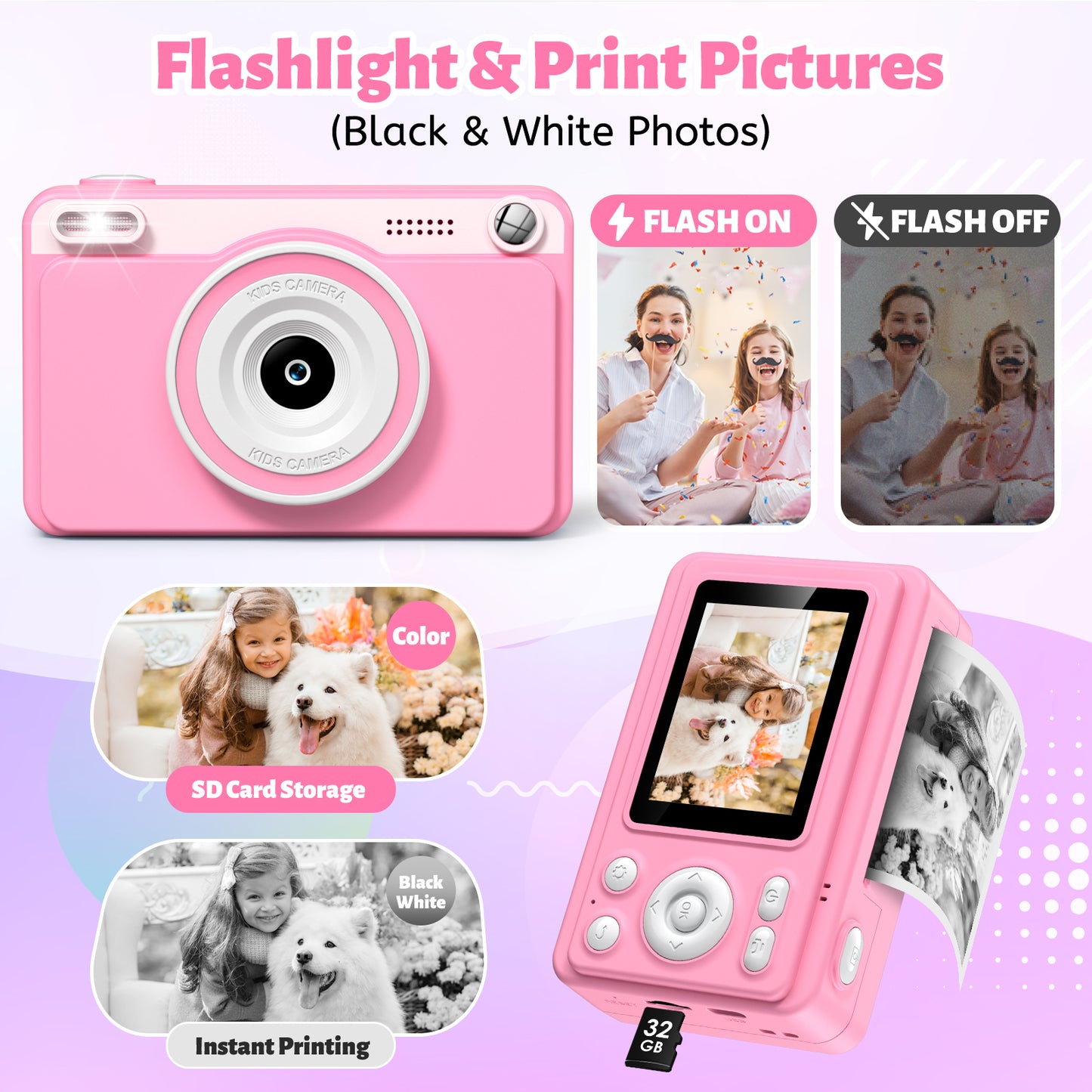 Gofunly Pink Kids Instant Print Camera,Digital Toy Cameras for Boys & Girls Age 3-12 Birthday Learning Gifts with 5Rolls Print Papers