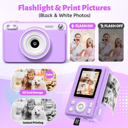 Gofunly Purple Kids Instant Print Camera,1080P Video Digital Toy Cameras for Boys & Girls Age 3-12 Birthday Learning Gifts with 5Rolls Print Papers ,32GB Card