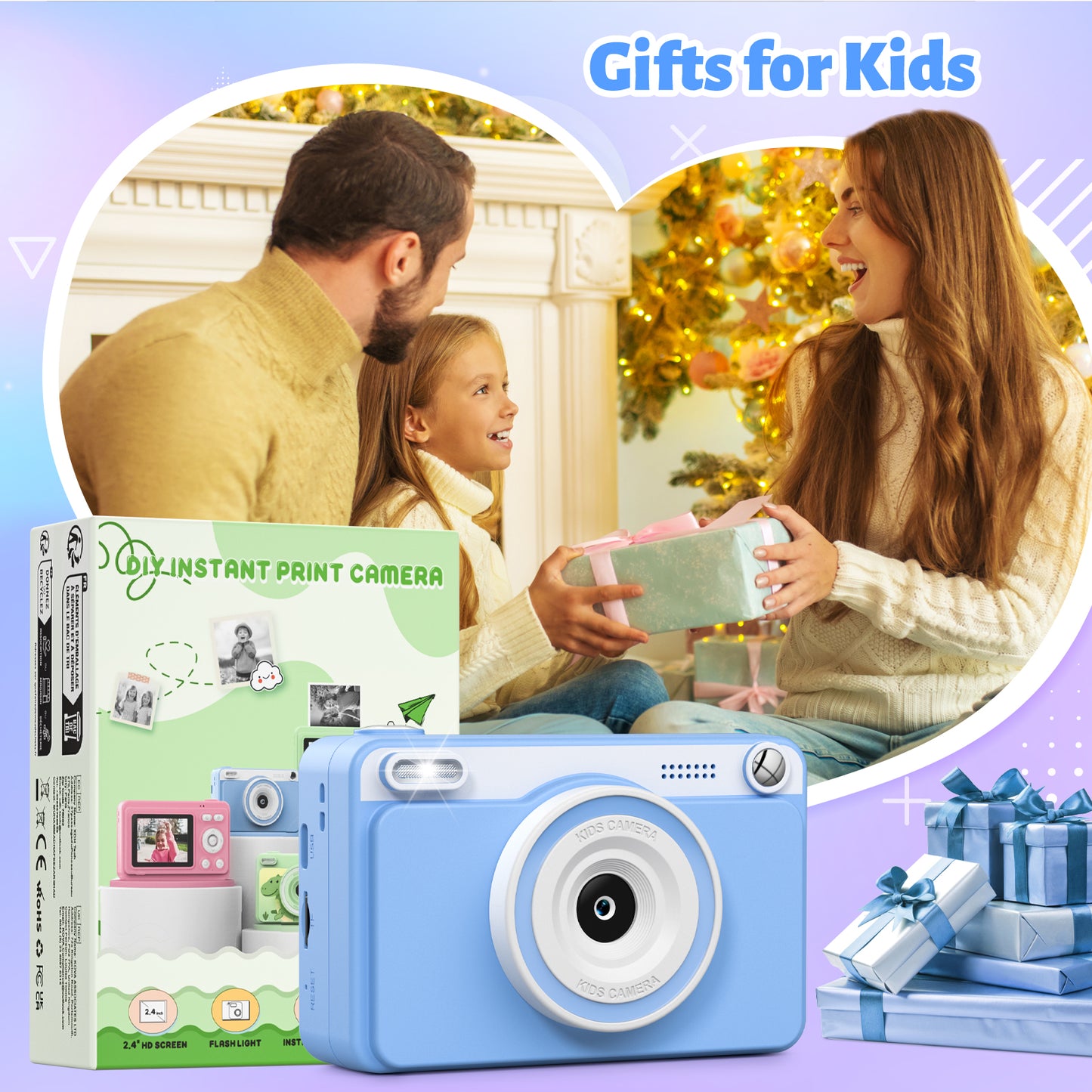Gofunly Kids Instant Print Camera,Digital Toy Cameras for Boys & Girls Age 3-12 Birthday Learning Gifts Blue with 5Rolls Print Papers Blue